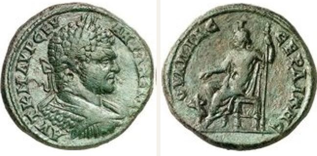 Serdika, Caracalla, 4 unit — Hades-Serapis seated left on throne (CN type 723)
