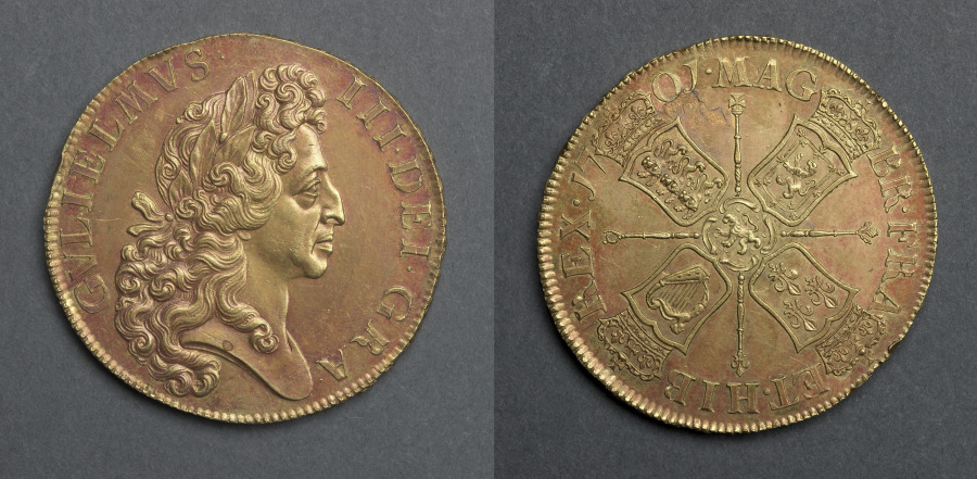 Five Guineas: William III (obverse); Four Shields and Lion of Nassau (reverse), 1701 (Cleveland Museum of Art 1969.202)