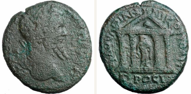 Nikopolis ad Istrum, Septimius Severus, bronze coin — Façade of a tetrastyle temple (CN type 22100)