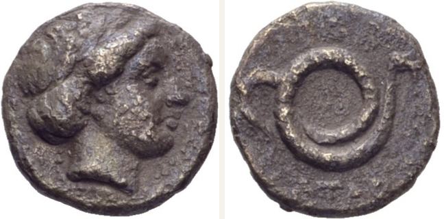 Atarneus, Trihemiobol (1 1/2 obol) — Coiled serpent (CN type 21353)