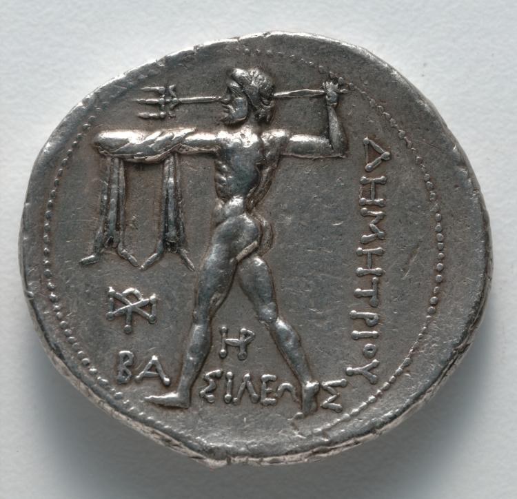 Tetradrachm: Poseidon, Striding with Trident (reverse), c. 300–295 BCE (Cleveland Museum of Art 1929.911.b)