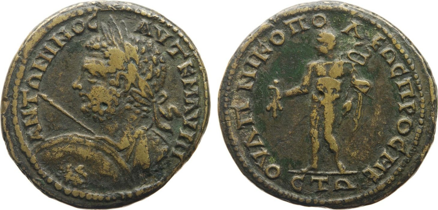 Nikopolis ad Mestum, Caracalla, 5 unit — Nude Hermes standing left (CN type 11856)