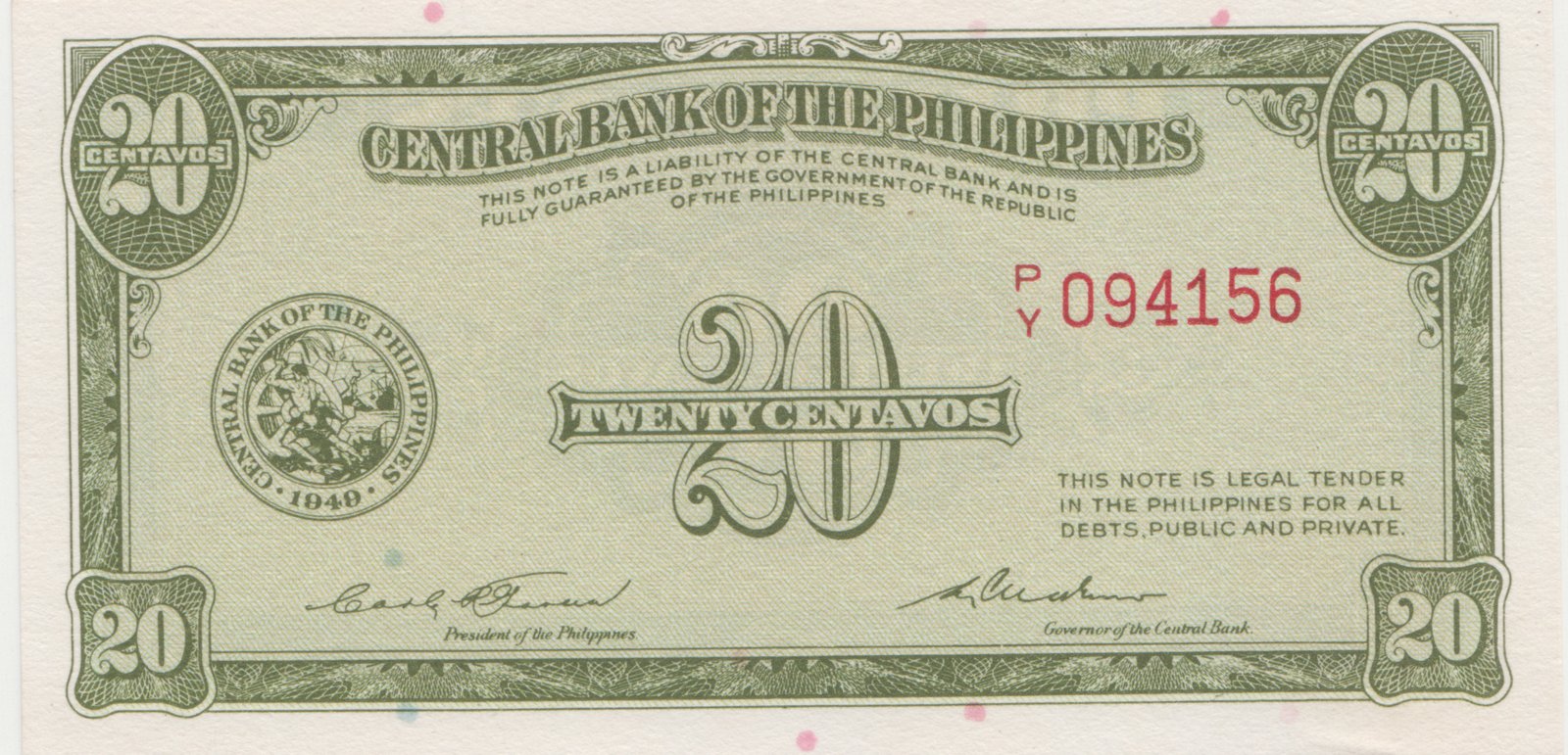 Obverse of 20 Centavos (1953–1957), Pick 130