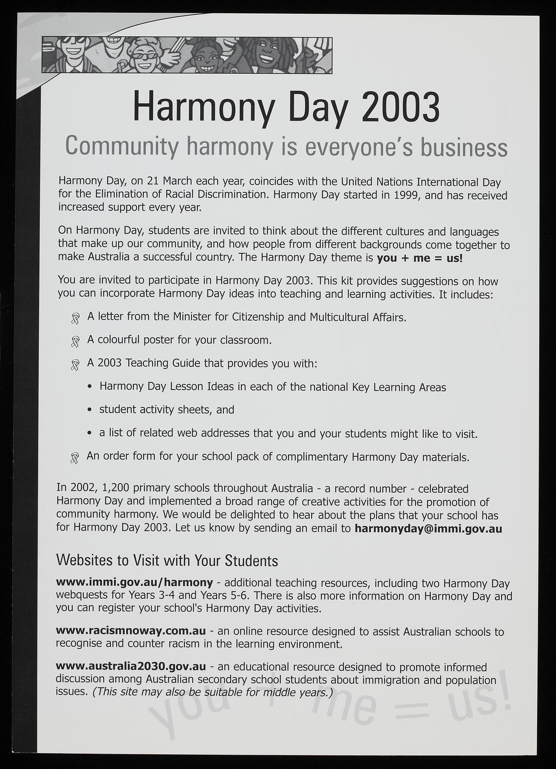 Poster - Harmony Day, Department of Immigration, Multicultural and Indigenous Affairs, 2003