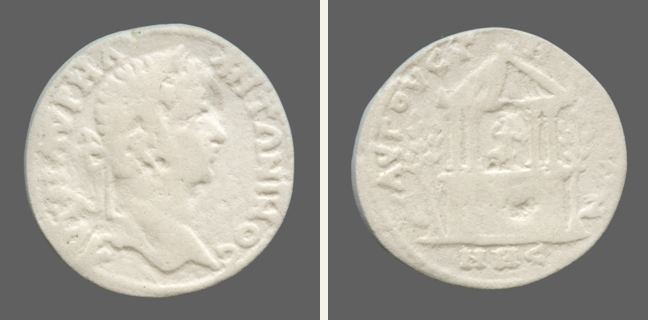 Augusta Traiana, Caracalla, 5 unit — Tetrastyle round temple on high podium (CN type 1854)