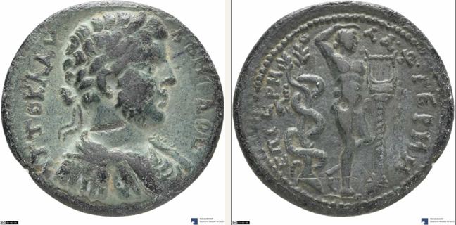 Germe, Commodus, bronze coin — Nude Apollo standing (CN type 3587)