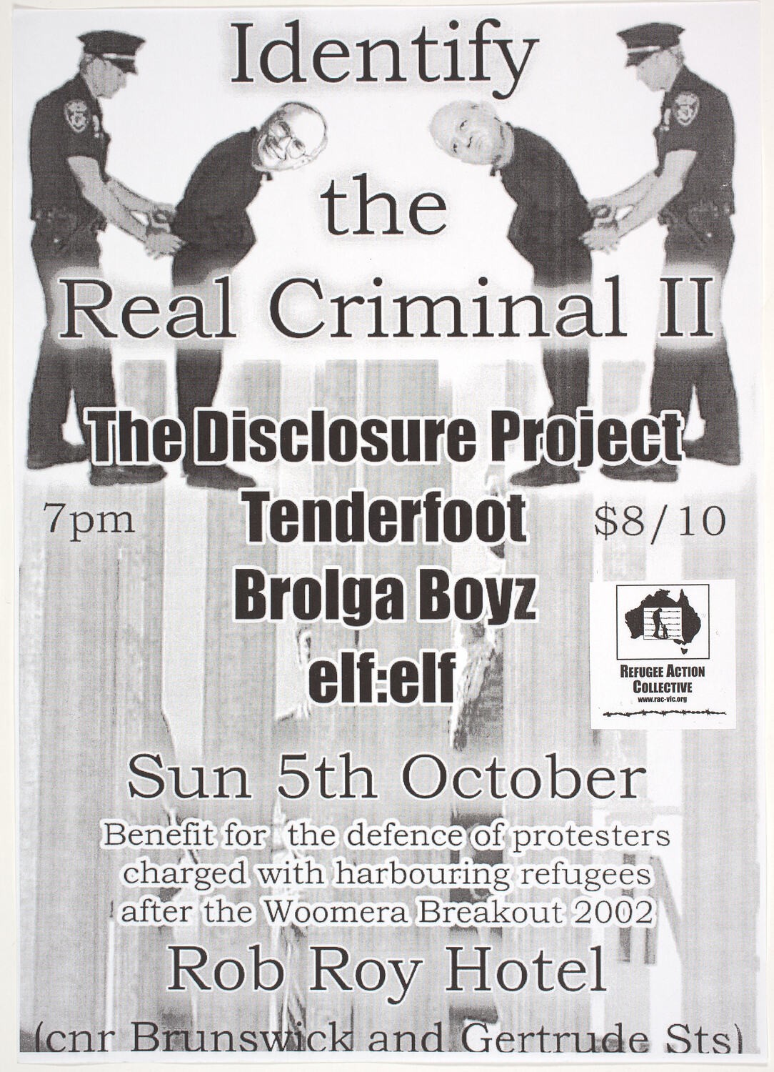 Poster - Identify the Real Criminal II, Refugee Action Collective, 2002