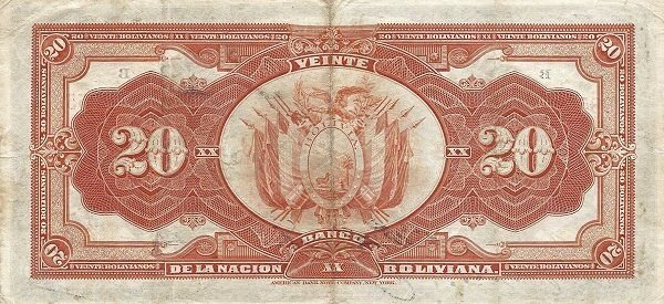 Reverse of 20 Bolivianos (1911), Pick 108
