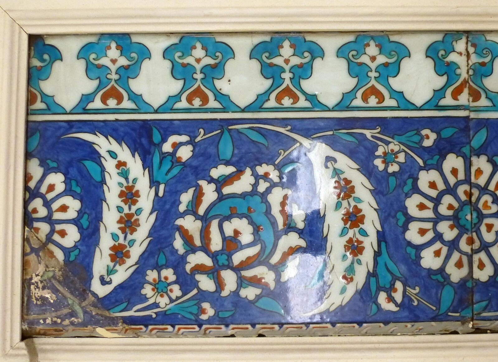 Tile panel, grey fritware, Iznik, 1550-1600 — museum object 1882:1 to 4-1897