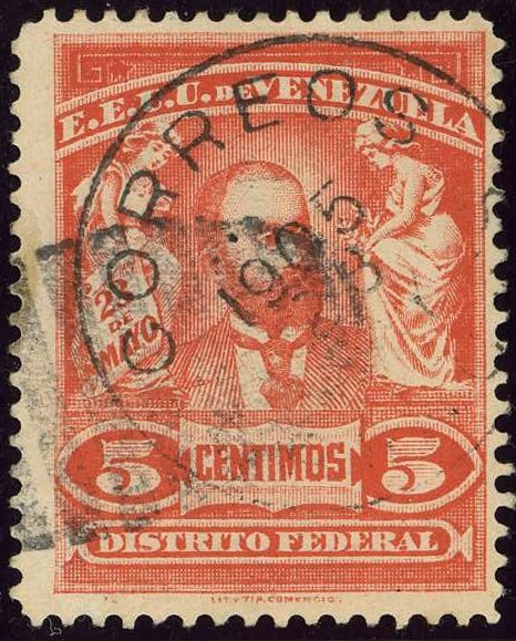 Photograph of a stamp from this issue (Wikimedia Commons file “1905 5C Venezuela Congress Yv117 Mi83.jpg”). The paper, perforation or watermark variety shown cannot be confirmed from the photograph.