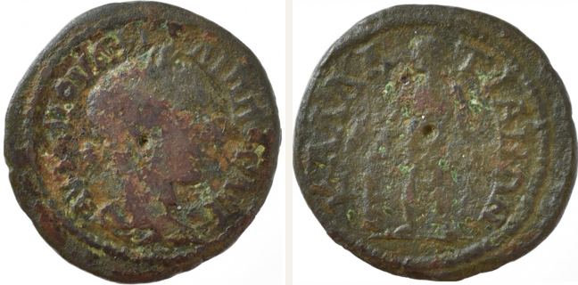 Kallatis, Philippus Arabs, bronze coin — Nude Apollo or Bonus Eventus  standing facing (CN type 22493)