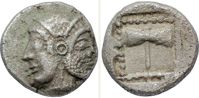 Tenedos, Trihemiobol (1 1/2 obol) — Double axe within square border of dots (CN type 13122)