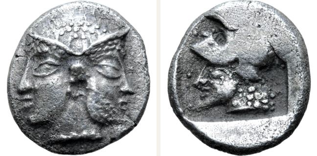 Tenedos, Obol — Bearded male head wearing Corinthian helmet (CN type 23392)