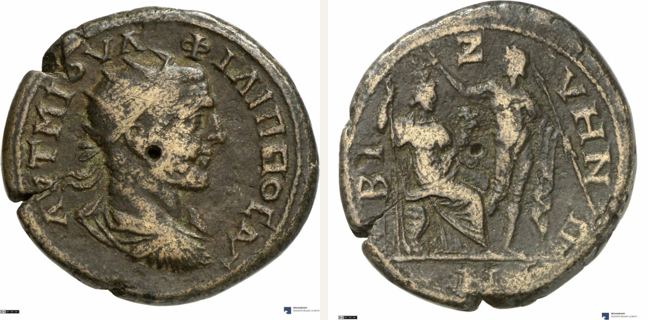Bizye, Philippus Arabs, 6 unit — Tyche crowned by Heros (CN type 1550)