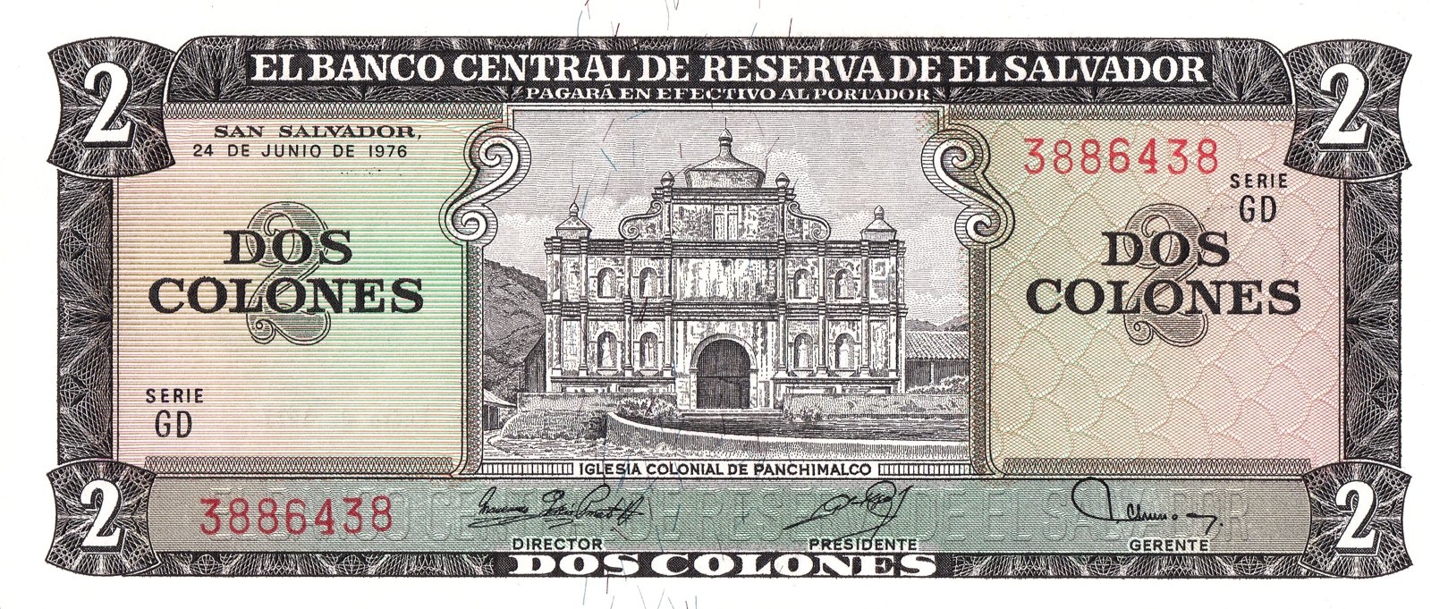Obverse of 2 Colones (1976–1981), Pick 124