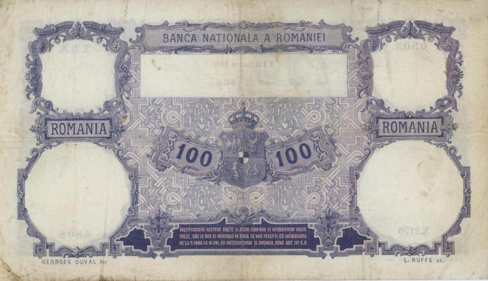 Auction photograph of an example of Pick 21 (Foreign Banknotes - ROMANIA 100 Lei 1921 pick#21a...)