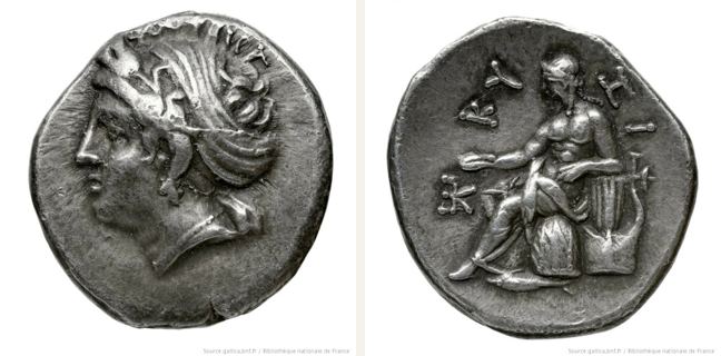 Kyzikos, tetradrachm — Apollo with laurel wreath sitting left on the omphalos covered (CN type 20191)