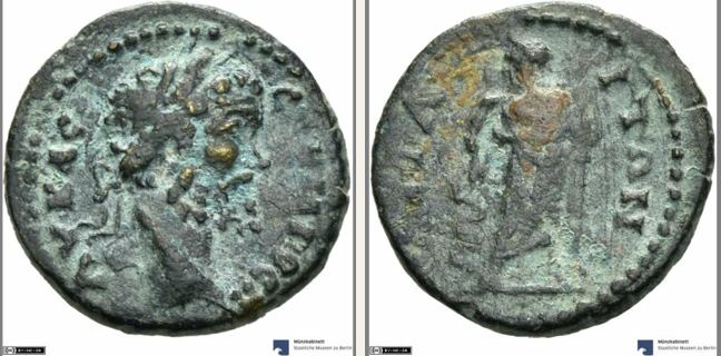 Attaea, Septimius Severus, bronze coin — Asclepius standing facing (CN type 19646)