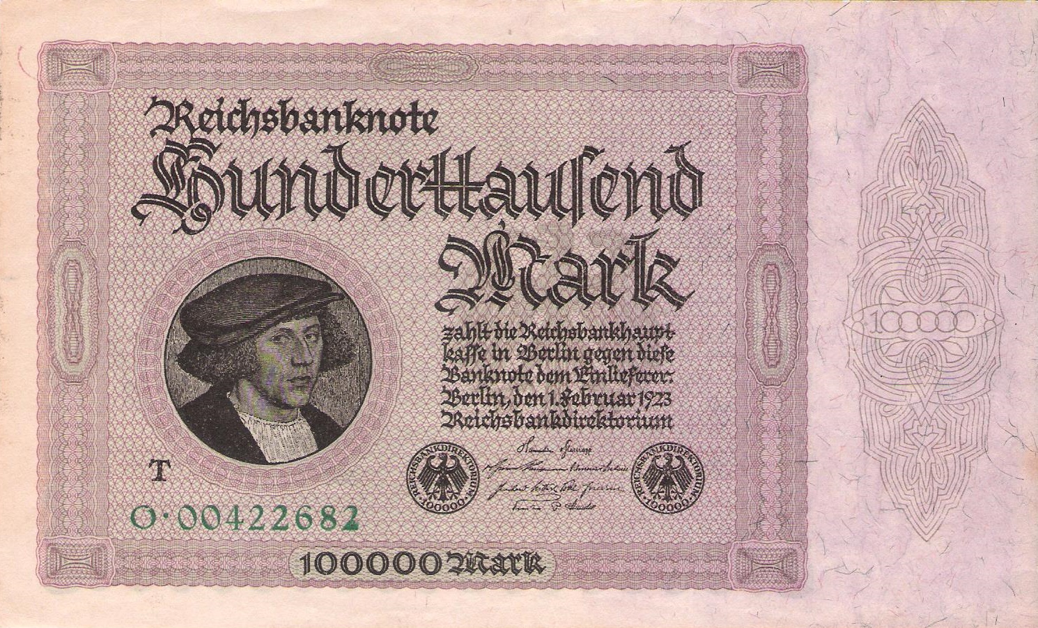 Obverse of a representative example: 100 000 Mark (Reichsbanknote) - Germany (1871-1948). Illustrates this group; it does not stand for every issue in it.
