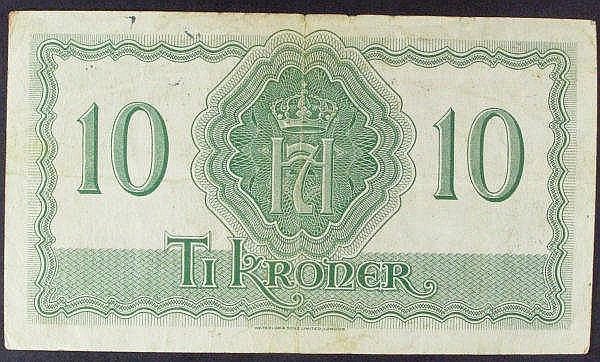 Auction photograph of an example of Pick 20b (Norway 10 Kroner Pick20b, dated 1944 series Z444713, arms at top centre, ti)