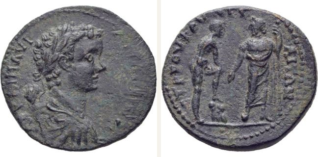 Attaea, Caracalla, bronze coin — Male figure and Zeus (CN type 19597)