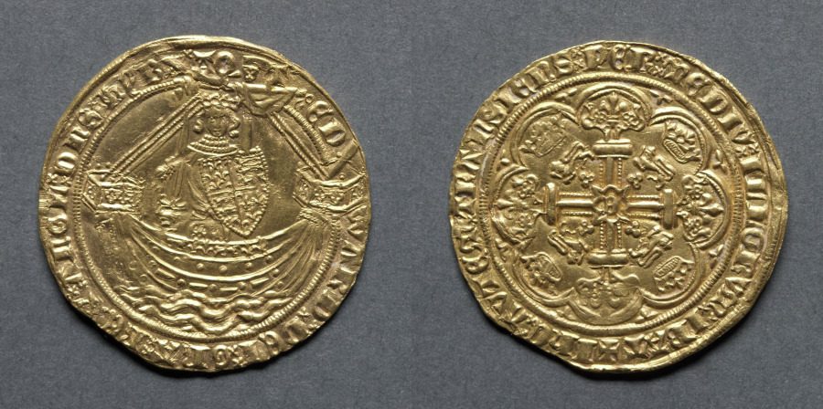 Noble: Edward III Standing in Ship with Shield of Arms (obverse); Ornamental Cross with Lis Terminals (reverse), 1363–69 (Cleveland Museum of Art 1969.161)