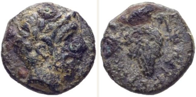 Perperene, bronze coin — Bunch of grapes on vine branch with vine leaf to right (CN type 21415)