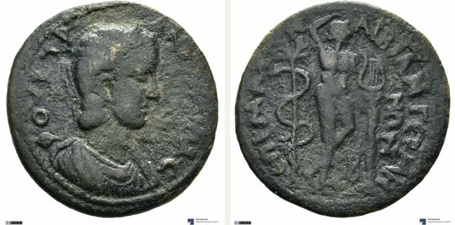Germe, Tranquillina, bronze coin — Nude Apollo standing (CN type 3760)