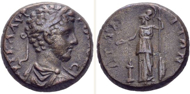 Attaea, Marc Aurel, bronze coin — Athena standing left (CN type 21442)