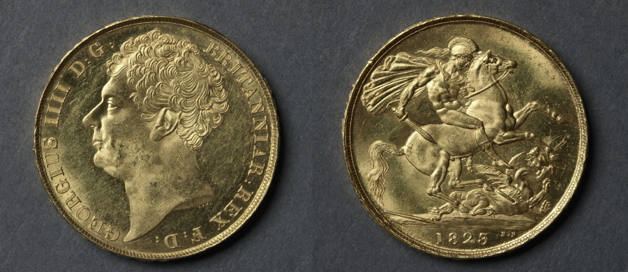 Two Pound Piece: George IV (obverse); St. George and the Dragon (reverse), 1823 (Cleveland Museum of Art 1969.214)