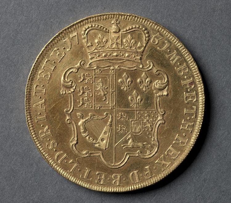 Five Guineas: Crowned and Garnished Shield of Arms (reverse), 1731 (Cleveland Museum of Art 1969.207.b)