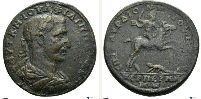 Perperene, Philippus Arabs, bronze coin — Emperor riding right on horseback (CN type 18508)