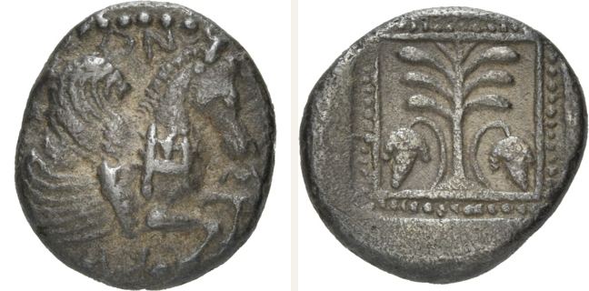 Skepsis, drachm — Fir-tree between two bunches of grapes within linear square and (CN type 20820)