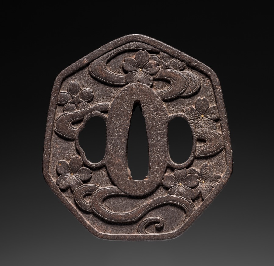 Additional museum view 2 of Sword Guard (Tsuba) with Cherry Blossoms on River (accession 1919.289).
