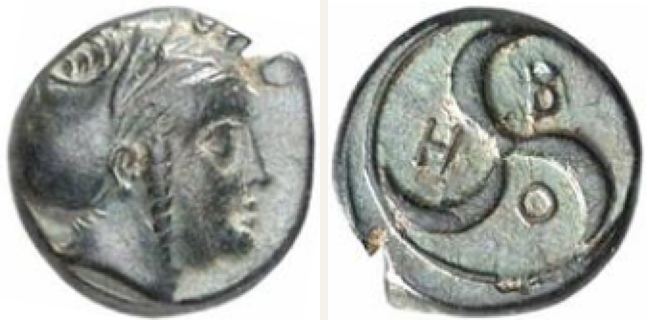 Thebe, bronze coin — Triskeles in form of crescents (CN type 3417)