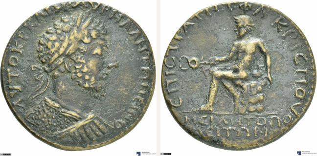 Miletoupolis, Marc Aurel, bronze coin — Nude Hermes seated left on rock (CN type 17597)
