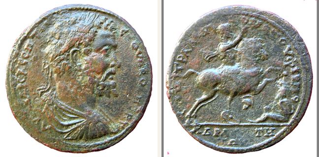 Adramyttion, Septimius Severus, bronze coin — Emperor in military attire riding right on horseback (CN type 3051)