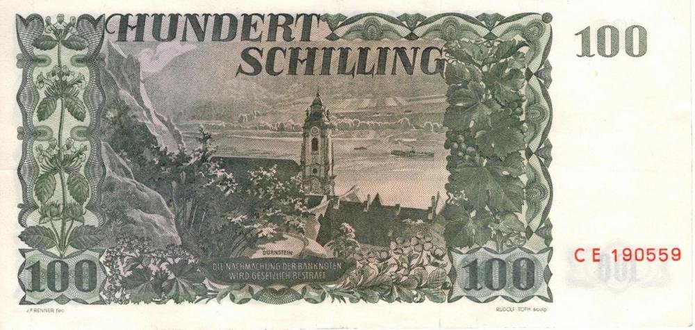 Auction photograph of an example of Pick 133 (Foreign Banknotes - AUSTRIA 100 Schilling 02/01/1954 pick #133 - numero a m...)