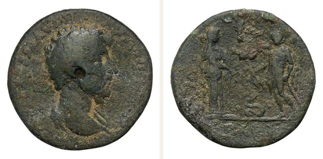 Parion, Marc Aurel, bronze coin — Salus/Hygieia and Asclepius (CN type 17466)