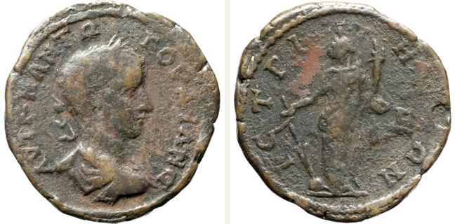 Istros, Gordian III., bronze coin — Tyche standing left (CN type 16360)
