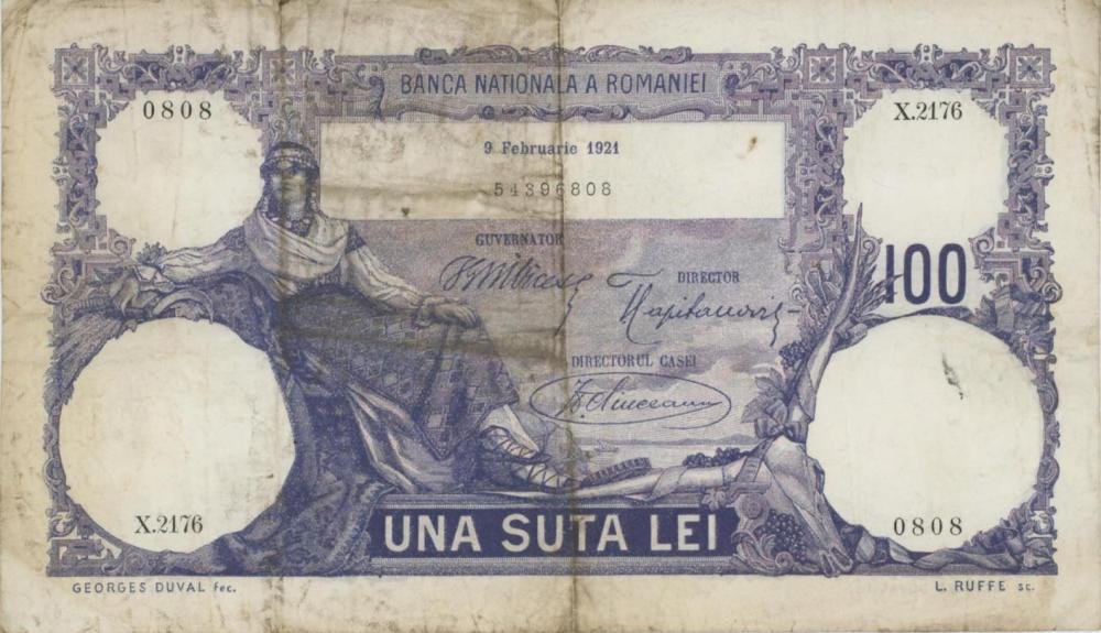 Auction photograph of an example of Pick 21 (Foreign Banknotes - ROMANIA 100 Lei 1921 pick#21a...)