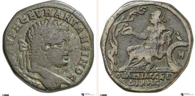 Serdika, Caracalla, 4 unit — Athena enthroned left (CN type 531)