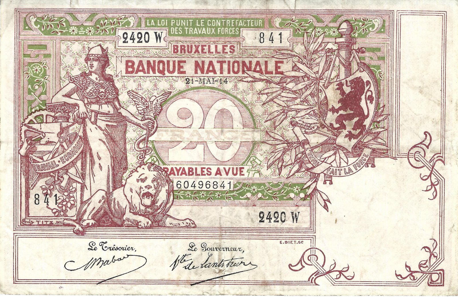 Obverse of 20 Francs (1910–1920), Pick 67