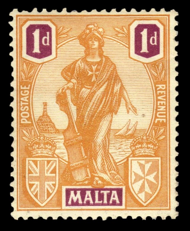Photograph of a stamp from this issue (Wikimedia Commons file “Malta 1922 Melita 1d orange & purple.jpg”). The paper, perforation or watermark variety shown cannot be confirmed from the photograph.