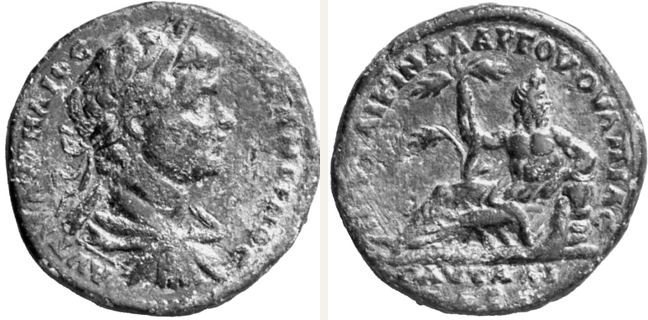 Pautalia, Caracalla, bronze coin — Bearded river-god reclining left (CN type 22552)