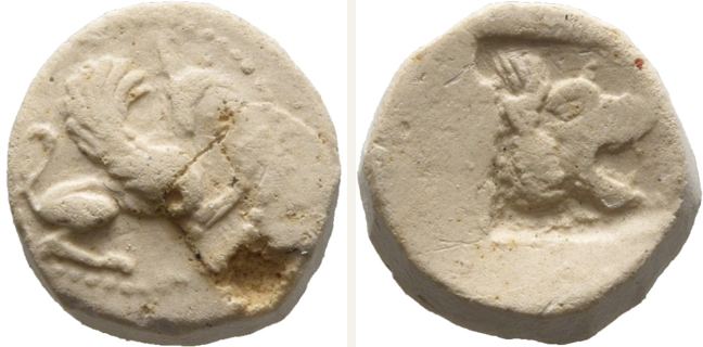 Assos, Trihemiobol (1 1/2 obol) — Head of lion (CN type 20778)