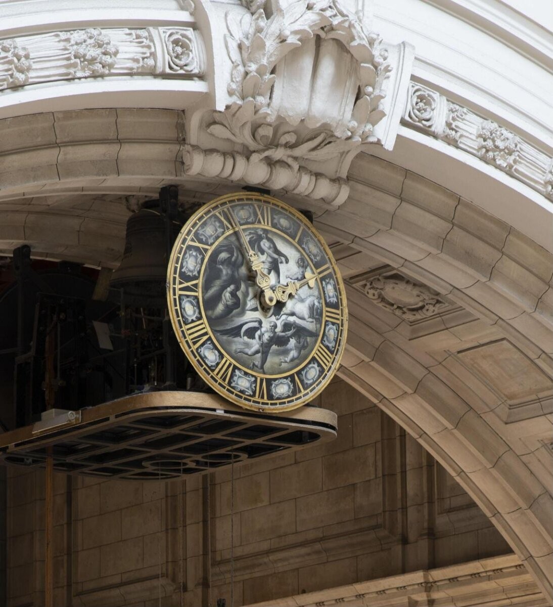Clock with highly decorated round face and pendulum; J. Smith & Sons, Clerkenwell, ca. 1857-62.