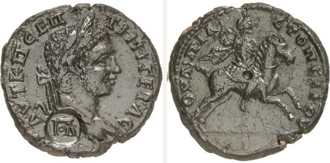Topeiros, Geta, 4 unit — Emperor in military attire riding right on horseback (CN type 21024)