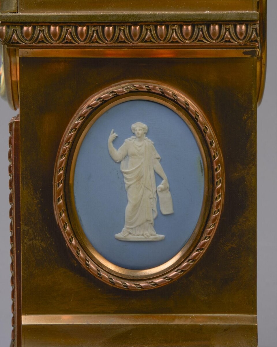 Clock, Jasperware with applied reliefs and brass, Josiah Wedgwood and Sons, Etruria, ca.1880