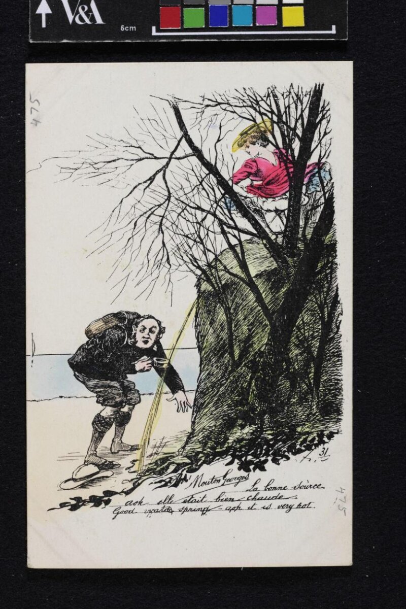Postcard — 'La bonne source, ach, elle etait bien chaude / Good water spring - ach it is very hot, France, Germany, ca. 1903